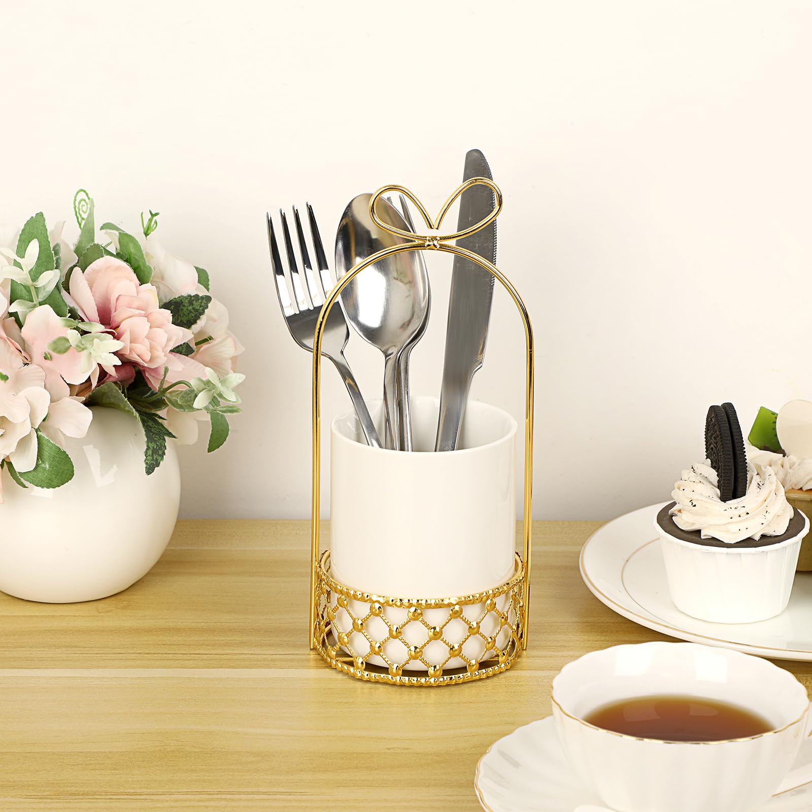 JUXYES Ceramic Silverware Holder For Tabletop, White Cutlery Holder With Golden Metal Bracket, Decorative Flatware Holder Countertop Utensil Holder Organizer for Wedding Kitchen Dining Tables