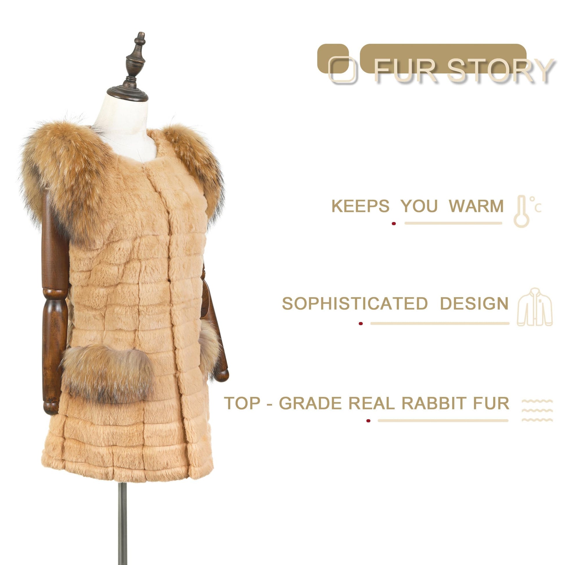 Fur Story Women's Genuine Rabbit Fur Coat With Fox Fur Cuffs Warm Winter Coat Black Long Jacket