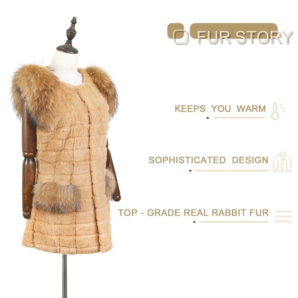 Fur Story Women's Genuine Rabbit Fur Coat With Fox Fur Cuffs Warm Winter Coat Black Long Jacket