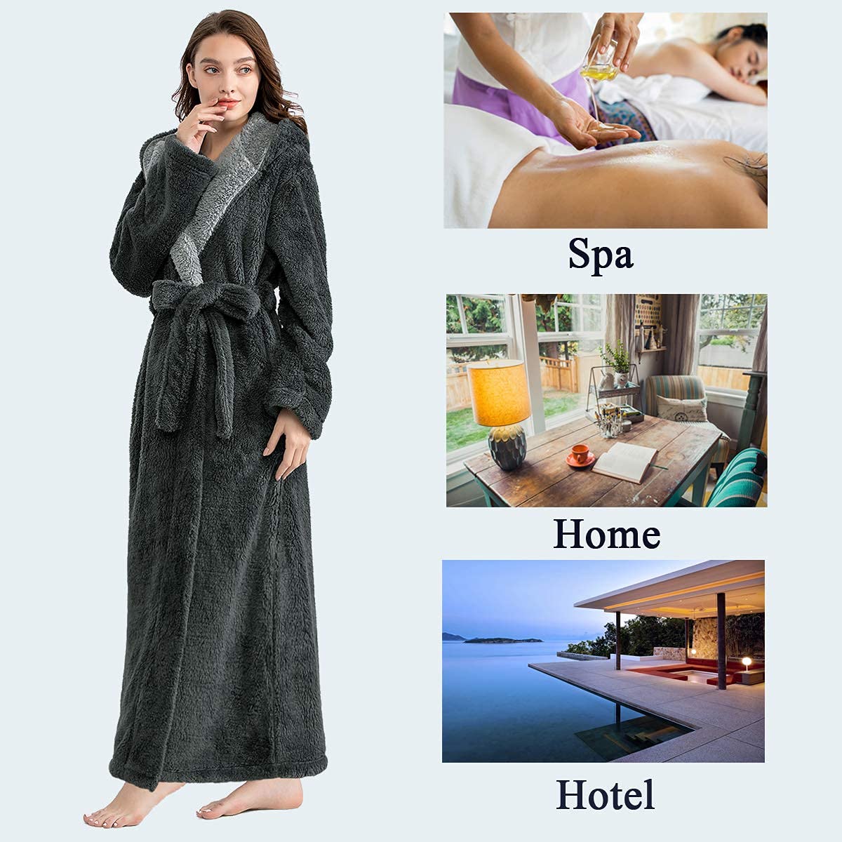 Hellomamma Long Hooded Robe for Women Luxurious Flannel Fleece Full Length Bathrobe Winter Warm Pajamas Shower Nightgown