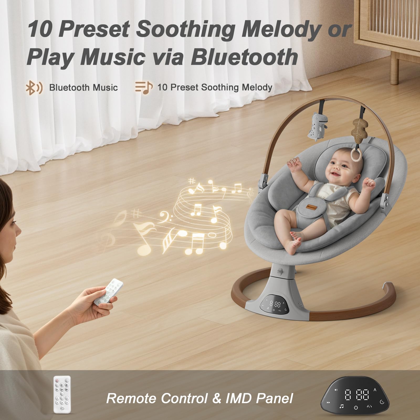 Baby Swings for Infants, Monamii Baby Swing, Infant Swing with 5 Speeds, 10 Lullabies, Electric Swing for Baby, Indoor & Outdoor Use (Beige)