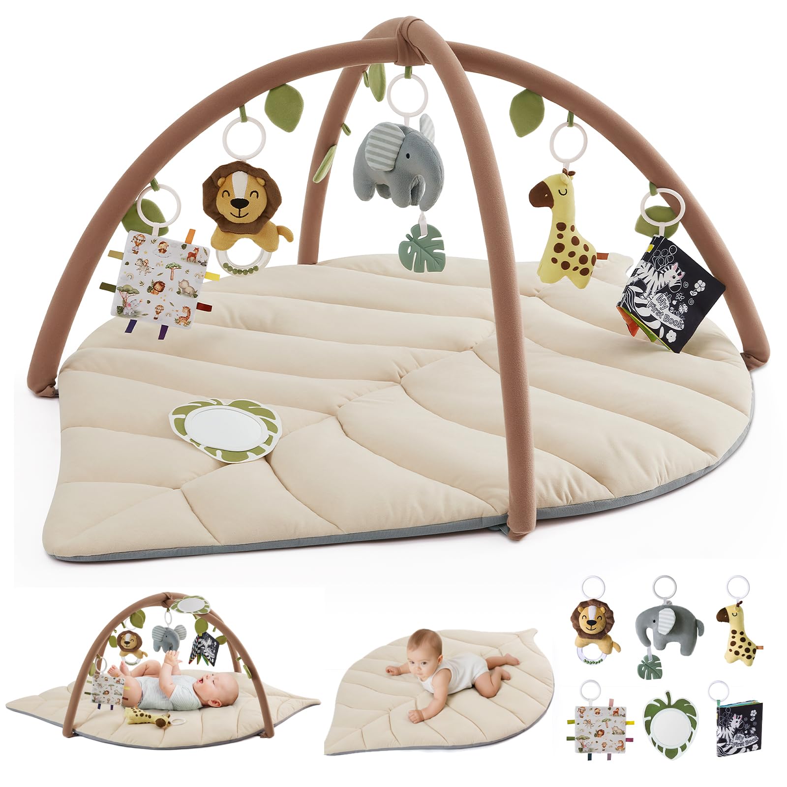 Blissful Diary Baby Play Gym & Activity Mat, Oversize Leaf Shaped Baby Play Mat w 6 Detachable Toys, Tummy Time Mat Promote Motor Skills & Sensory Development Mat, Newborn Infant Baby Essentials Gift