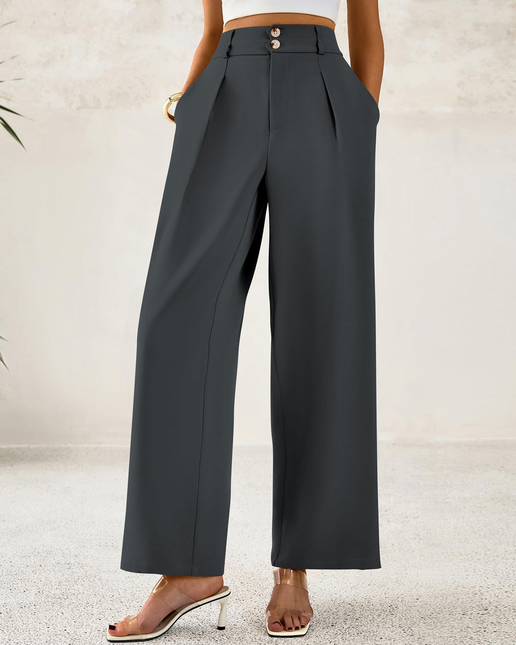 BTFBM Women Wide Leg Dress Pants 2025 High Waisted Button Pleated Business Casual Trousers Office Work Palazzo Pants