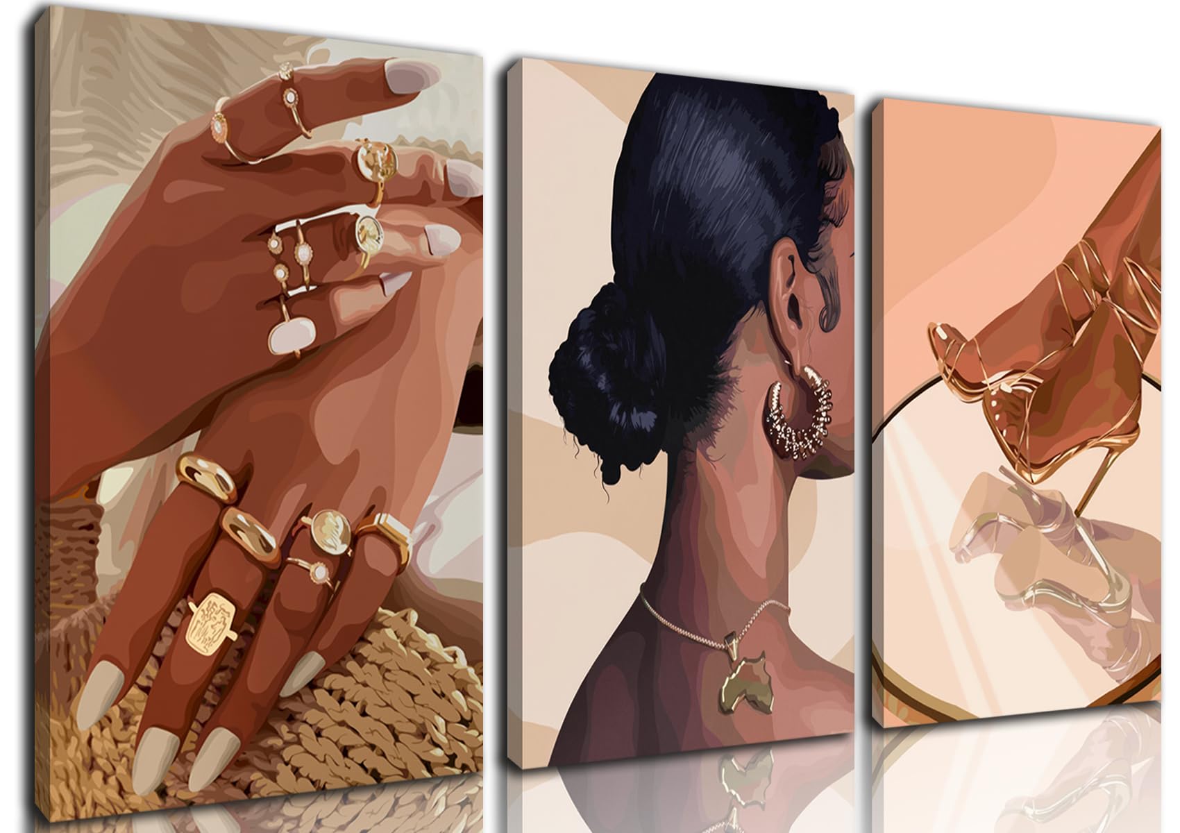 Framed Black Girl Wall Art Set of 3, Black Woman with Floral Pictures Wall Decor Paintings, Fashion African American Female Canvas Prints Home Decor for Living Room Bedroom Office 16x24 inch