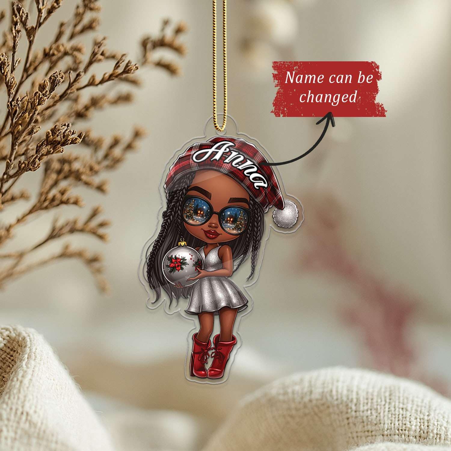 2D Acrylic Christmas Elf Shaped Ornament with Gift Box, Personalized Name Holiday Keepsake, Cute Ornament for Kids Room, Custom Name African-Inspired Decoration, Gifts for Boys