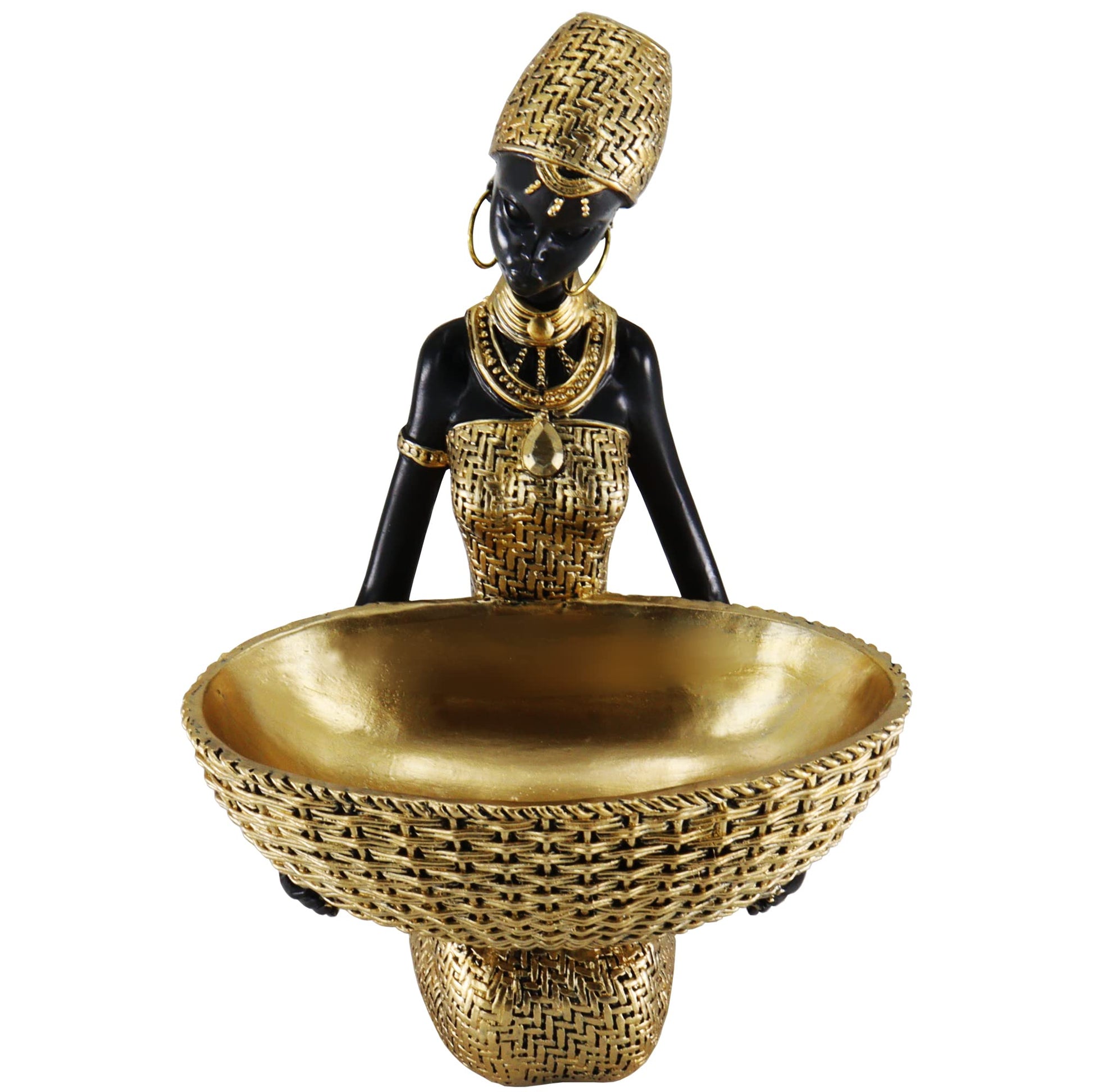 Handmade African Tribal Woman Sculpture - Gold Adorned Seated Figure with Basket, Vintage Resin Statue for Home Decor, Unique Housewarming Gift for Shelf/Table (9.65" H)