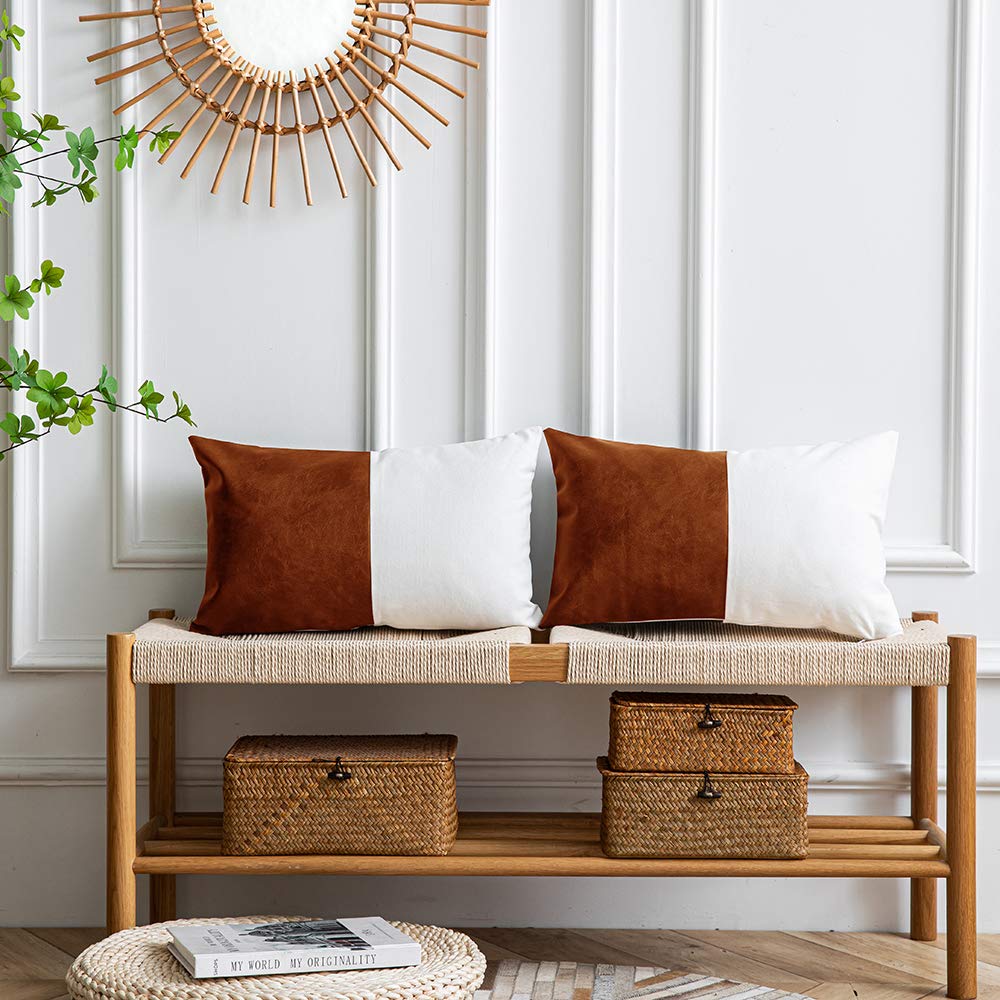 DEZENE Leather Throw Pillow Covers, Set of 2 Modern Leather/Cotton Decorative Pillowcases for Home Decor Bedroom Living Room Couch Bed Sofa, 18x18 Inch, Cognac-Brown and White