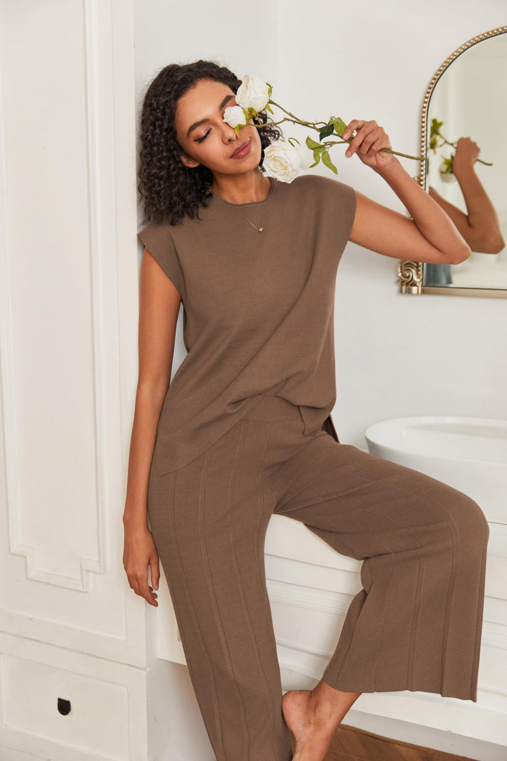 Ekouaer Lounge Sets for Women Two Piece Outfits Knit Cap Sleeve Tops Wide Leg Pleated Pants Casual Dressy Sweater Sets