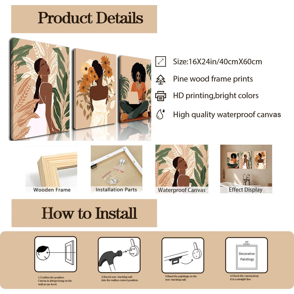 Framed Black Girl Wall Art Set of 3, Black Woman with Floral Pictures Wall Decor Paintings, Fashion African American Female Canvas Prints Home Decor for Living Room Bedroom Office 16x24 inch