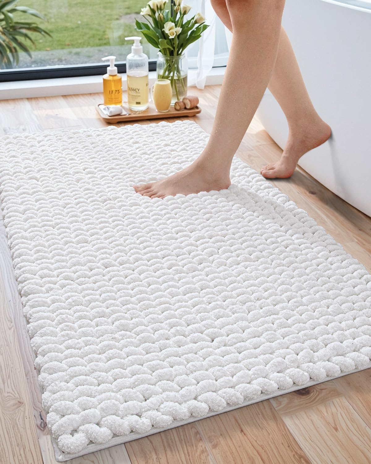 LUMI Luxury Bathroom Rug, Ultra Soft Quick Dry Bath Mat, Non-Slip Absorbent Thick Chenille Bath Rug, Cozy Braid Design Floor Mat for Bathtub, Sink, Laundry, Bedroom, White, 24"x36"
