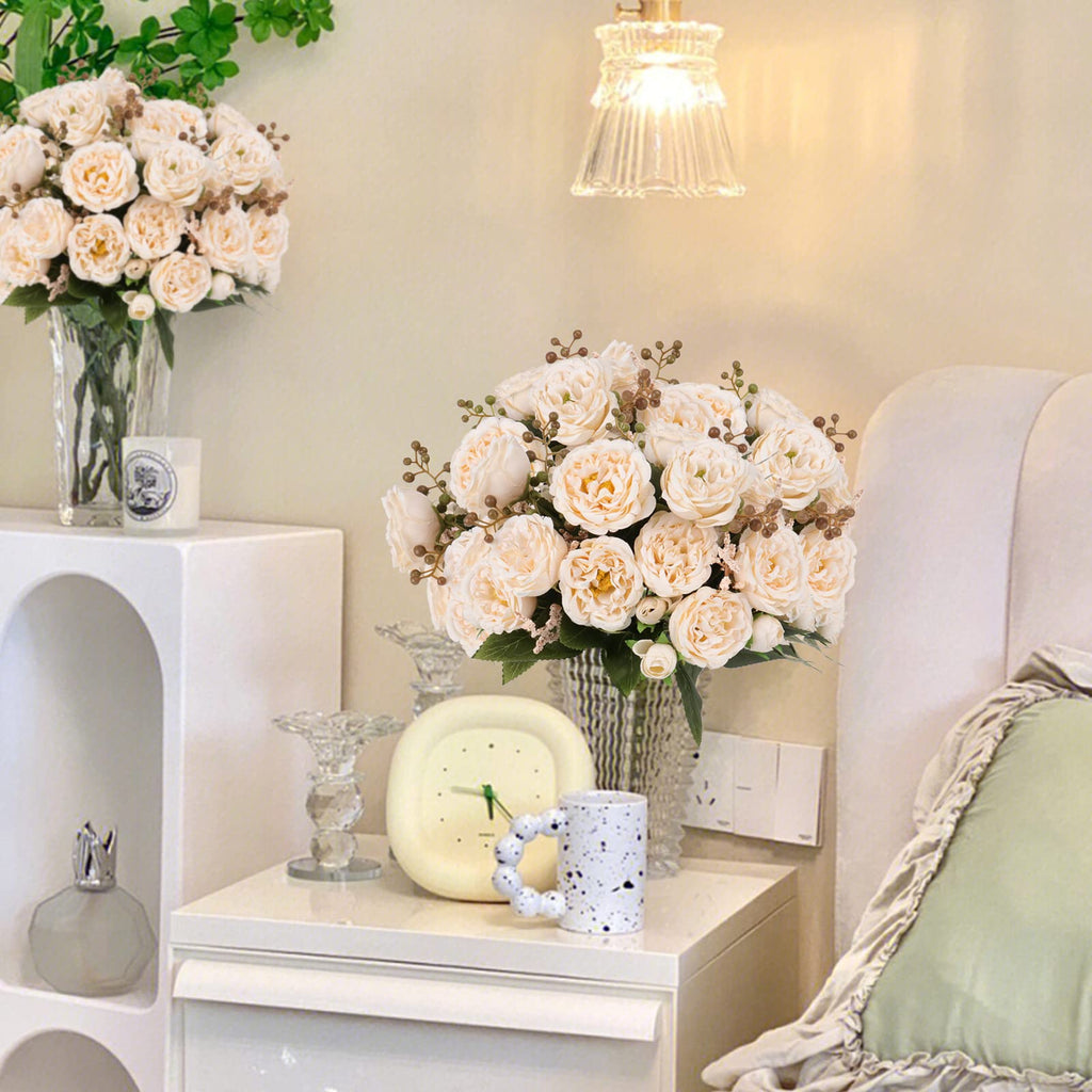 4 Bundles Artificial Peonies Silk Flowers, White Faux Peony Bouquet Florals Arrangements Decor for Farmhouse Home Boho Wedding Table Centerpiece, Fake Plastic Flowers Bulk Vase Decoration (White)