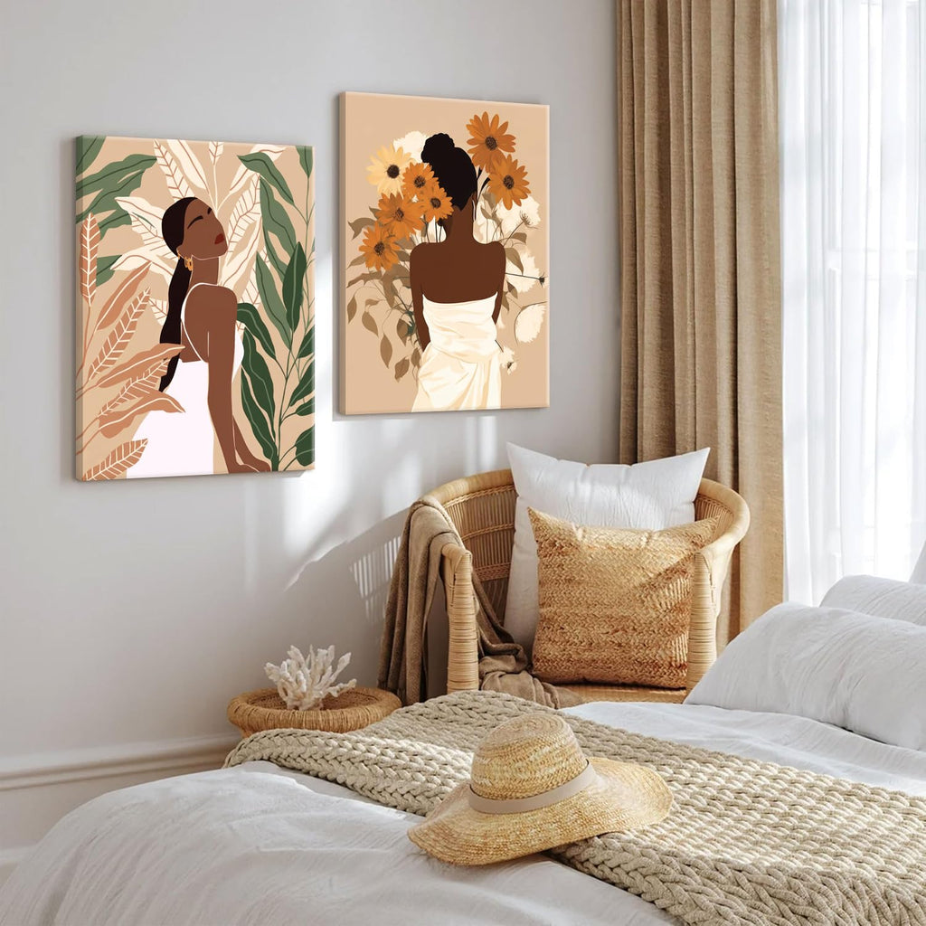 Framed Black Girl Wall Art Set of 3, Black Woman with Floral Pictures Wall Decor Paintings, Fashion African American Female Canvas Prints Home Decor for Living Room Bedroom Office 16x24 inch
