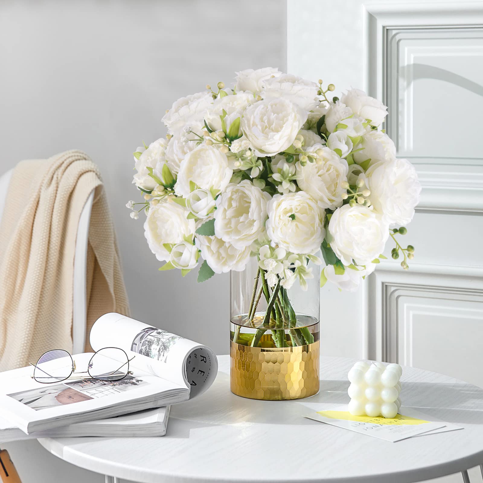 4 Bundles Artificial Peonies Silk Flowers, White Faux Peony Bouquet Florals Arrangements Decor for Farmhouse Home Boho Wedding Table Centerpiece, Fake Plastic Flowers Bulk Vase Decoration (White)