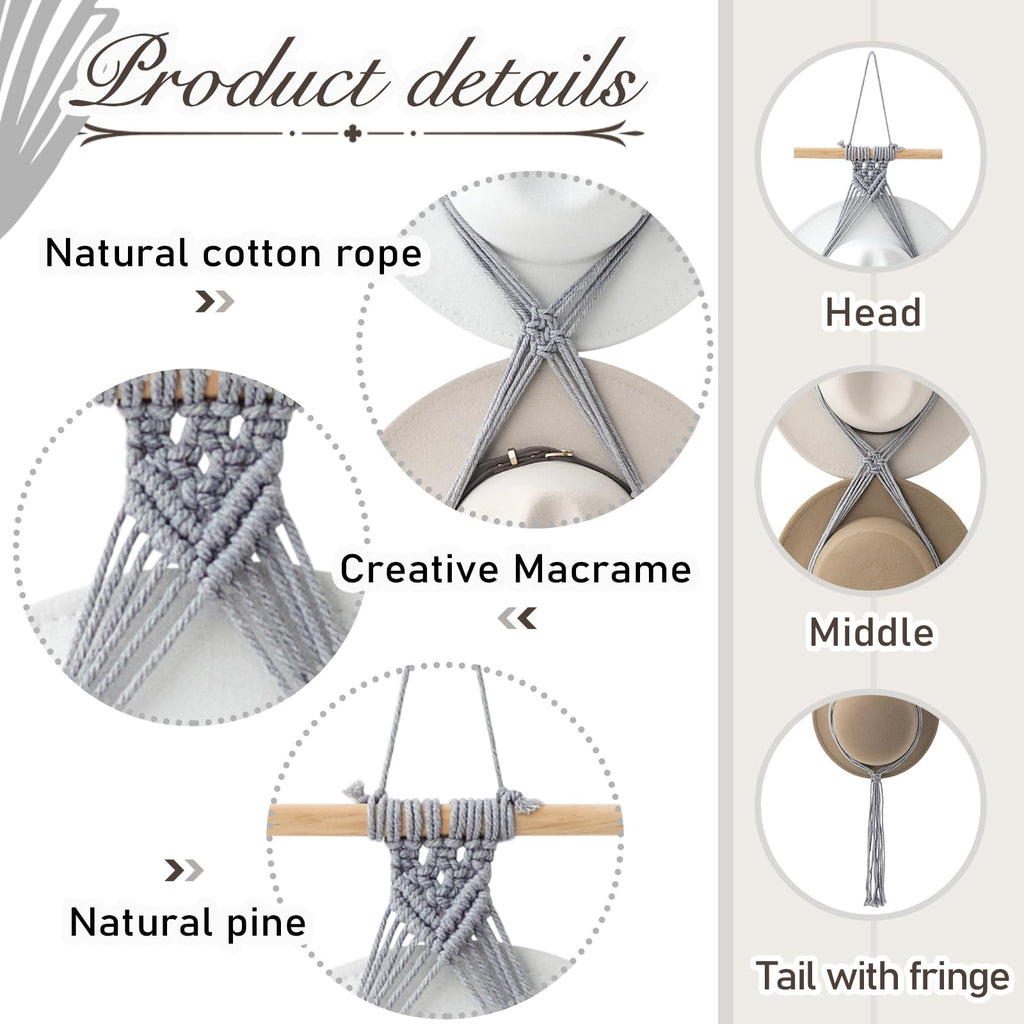 Yulejo Macrame Hat Hangers Boho Hat Rack for Wall Western Cowboy Hanging Organizer for Door Wall Room Bedroom