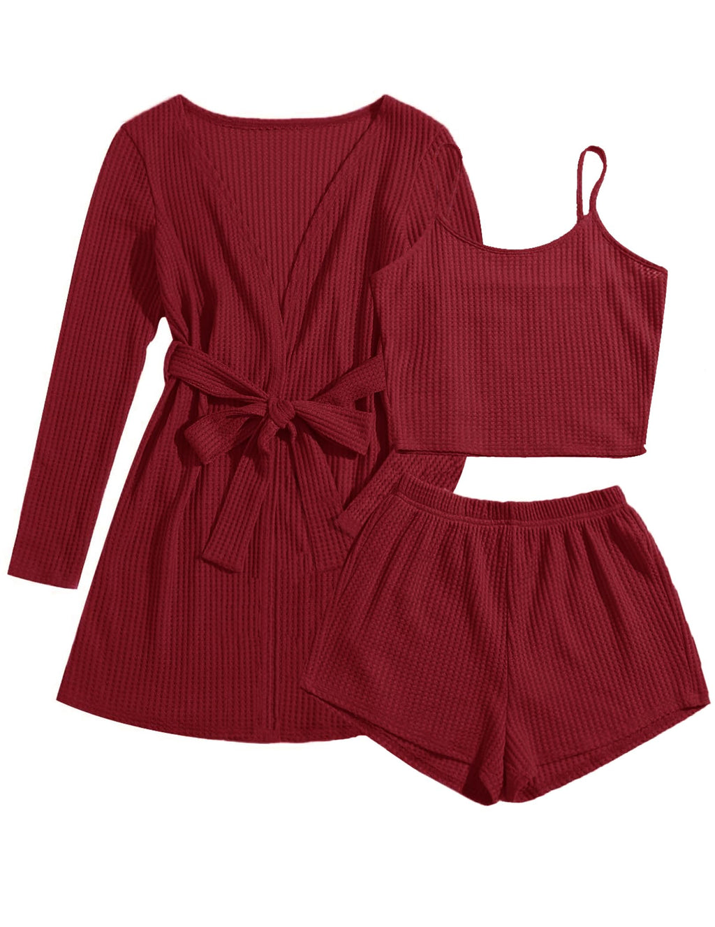 Ekouaer Womens 3 Piece Waffle Knit Lounge Set Soft Pajama Sets Tank Top and Shorts Cardigan with Pockets S-XXL