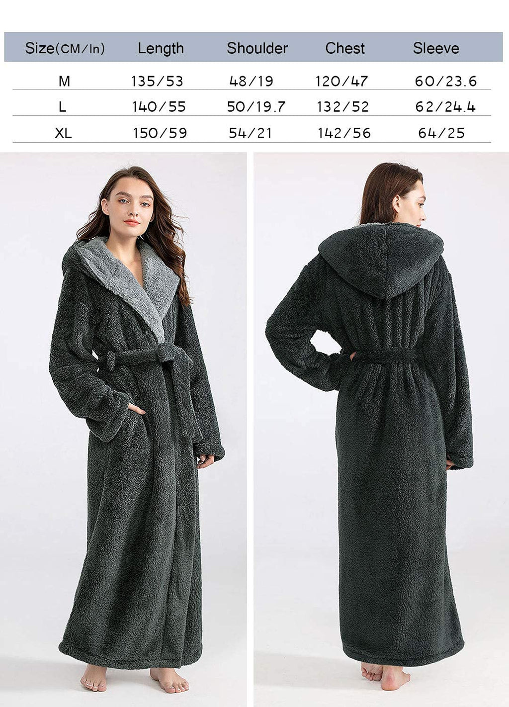 Hellomamma Long Hooded Robe for Women Luxurious Flannel Fleece Full Length Bathrobe Winter Warm Pajamas Shower Nightgown