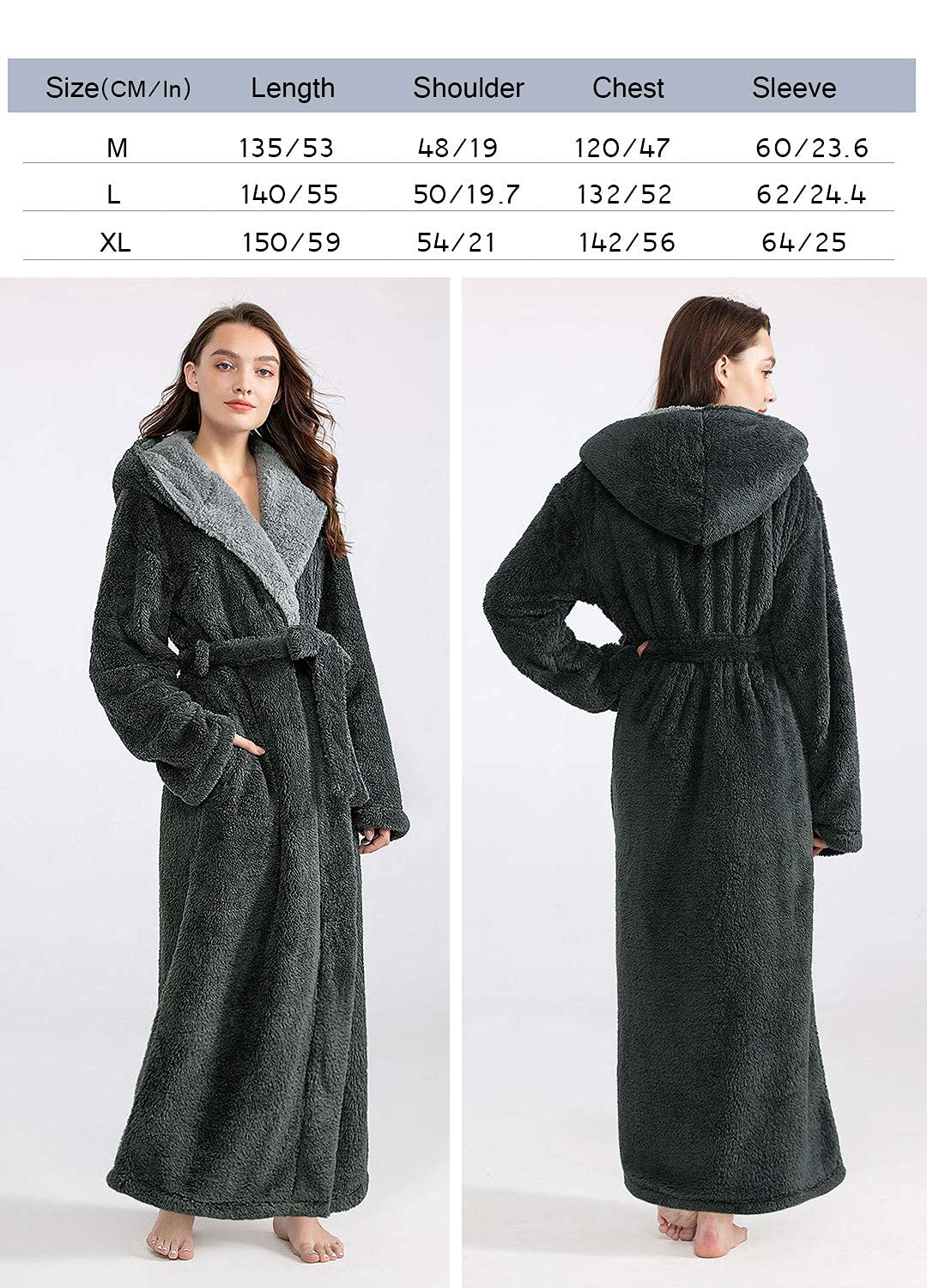 Hellomamma Long Hooded Robe for Women Luxurious Flannel Fleece Full Length Bathrobe Winter Warm Pajamas Shower Nightgown
