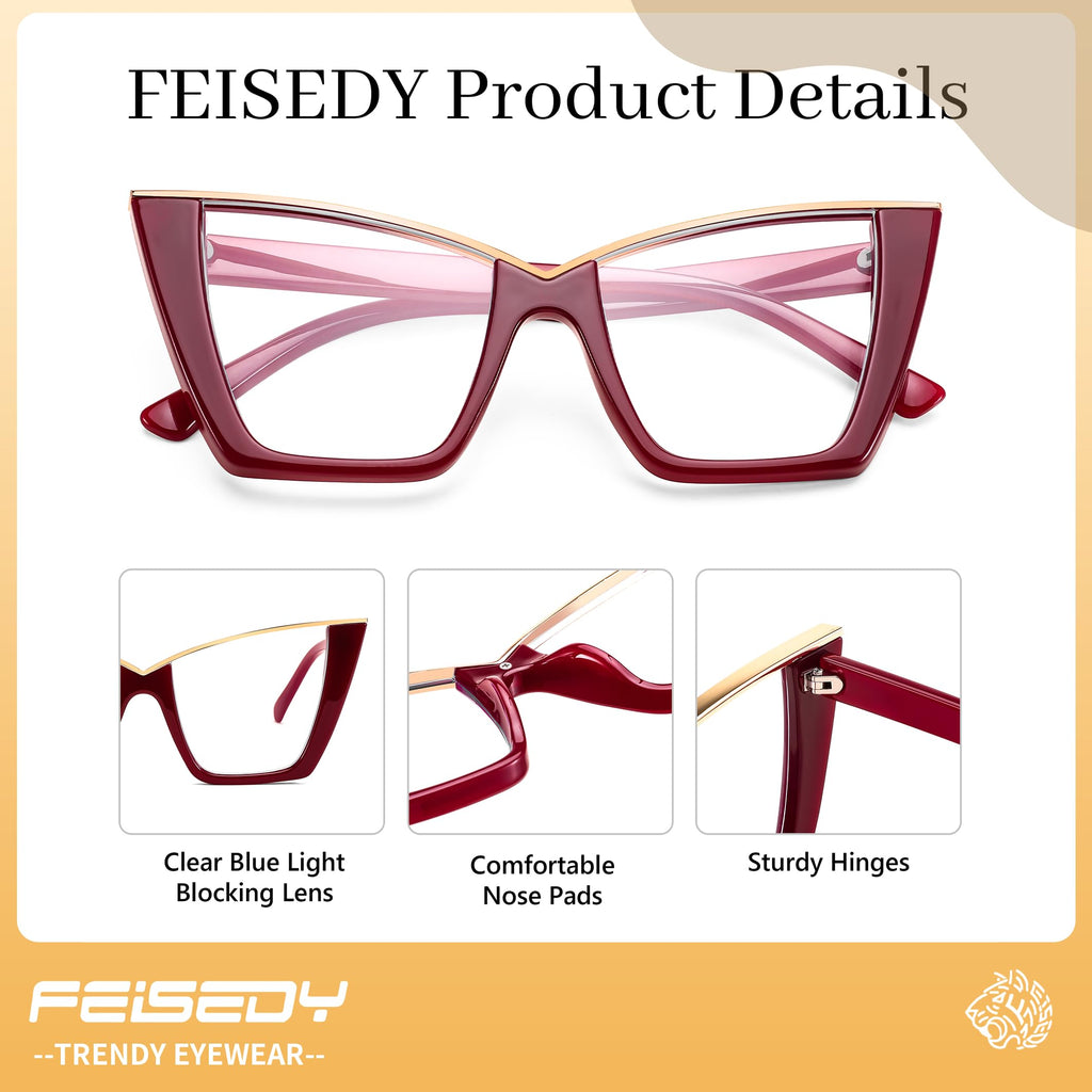 FEISEDY Fashion Cat Eye Blue Light Blocking Glasses for Women Fake Retro Eyeglasses Oversized Stylish Eyewear Frame B0240
