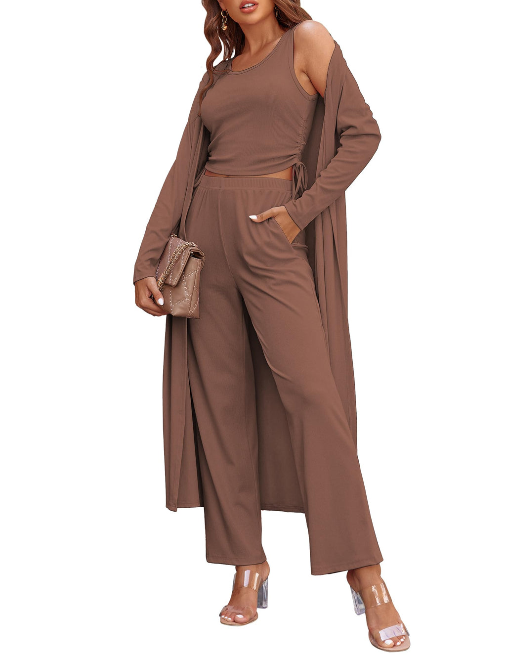 Ekouaer Women's 3 Piece Knit Lounge Set Pajama Long Sleeve Cardigan Sleeveless Top Pants Sweatsuit S-XXL