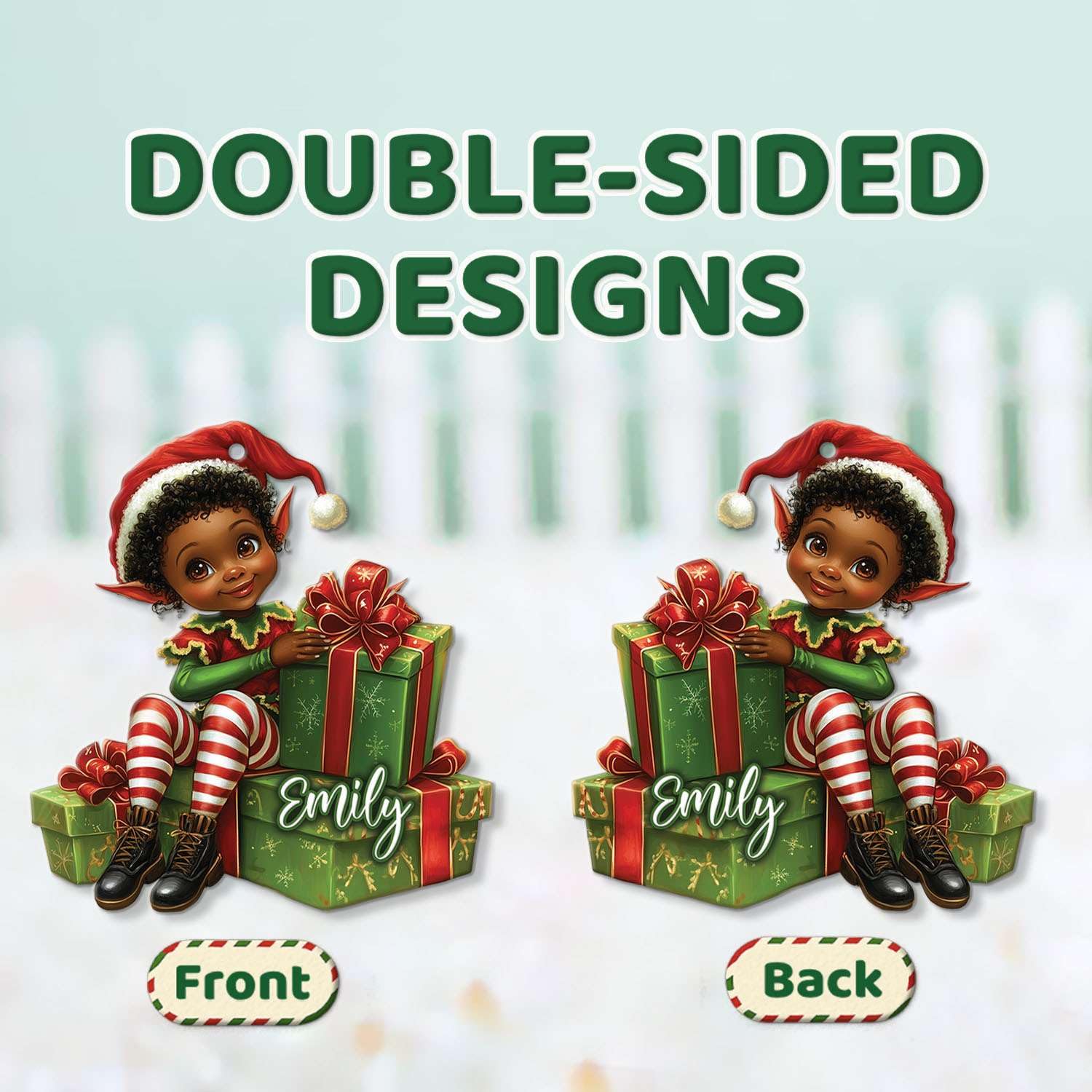 2D Acrylic Christmas Elf Shaped Ornament with Gift Box, Personalized Name Holiday Keepsake, Cute Ornament for Kids Room, Custom Name African-Inspired Decoration, Gifts for Boys