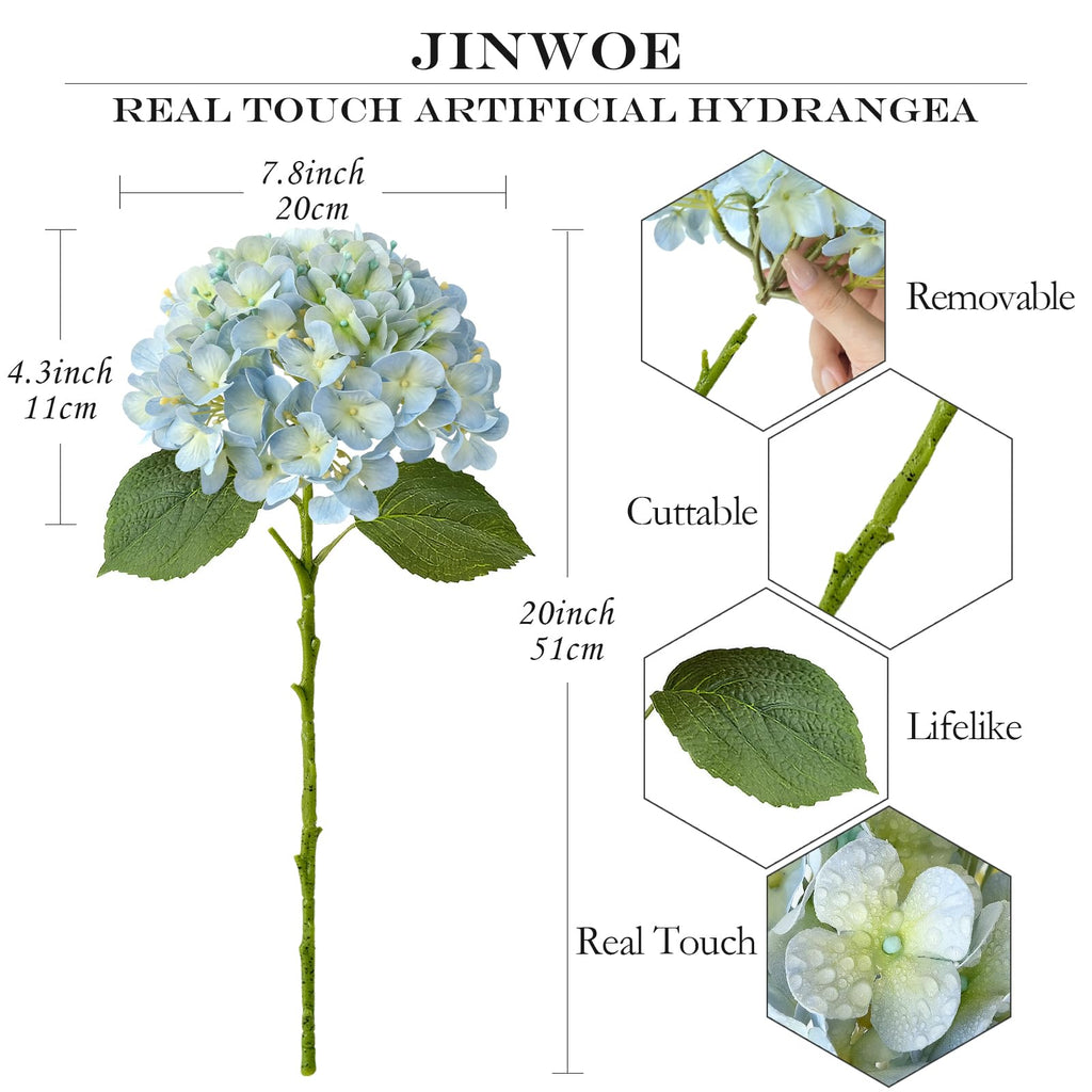 Light Blue Hydrangea Artificial Flowers,4Pcs 20" Real Touch Lifelike Silk Artificial Hydrangeas, Full Fake Flowers for Bouquet Table Centerpieces Spring Wedding Indoor Home