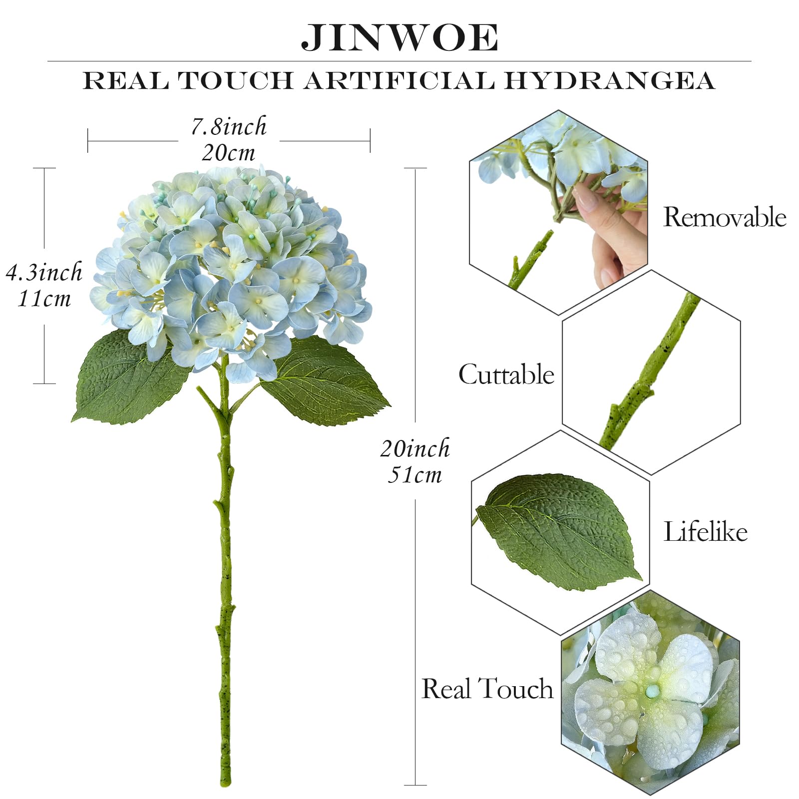 Light Blue Hydrangea Artificial Flowers,4Pcs 20" Real Touch Lifelike Silk Artificial Hydrangeas, Full Fake Flowers for Bouquet Table Centerpieces Spring Wedding Indoor Home