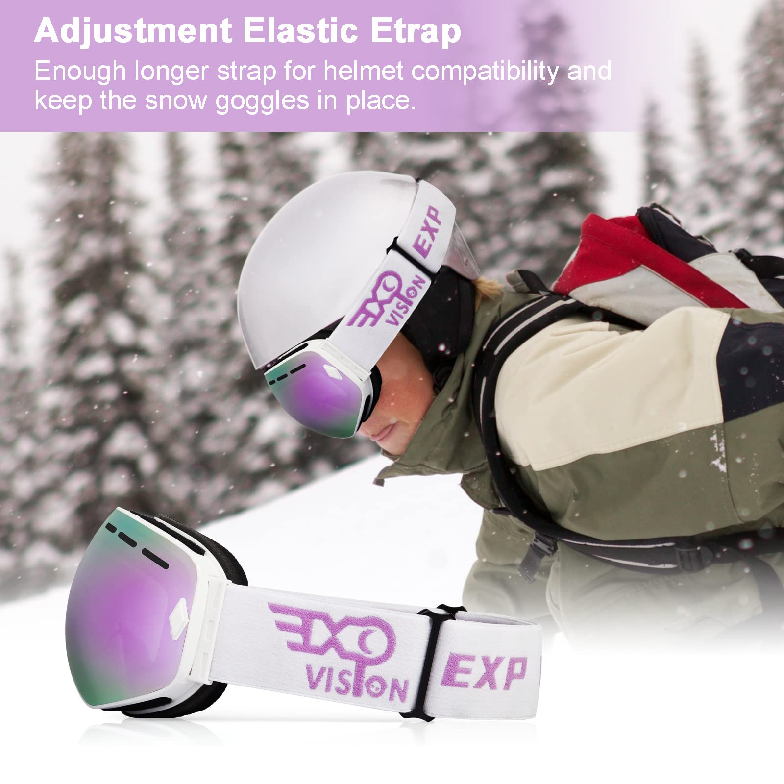 EXP VISION Snowboard Ski Goggles Men Women Youth, Anti Fog OTG Winter Snow Goggles Spherical Detachable Lens