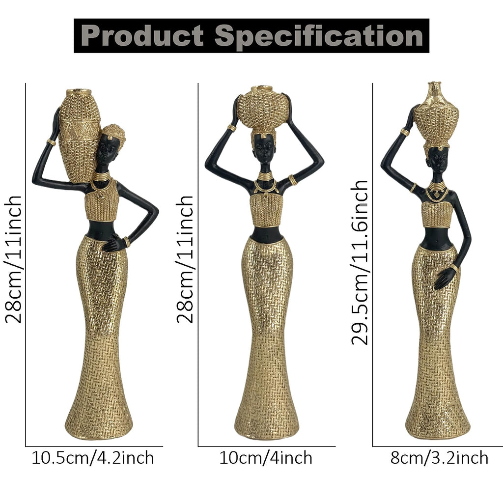 Set of 3 Resin African Woman Statues – Elegant Tribal Figurines in Gold Dresses, Afrocentric Home Decor Sculptures for Living Room, Bookshelf, Gift
