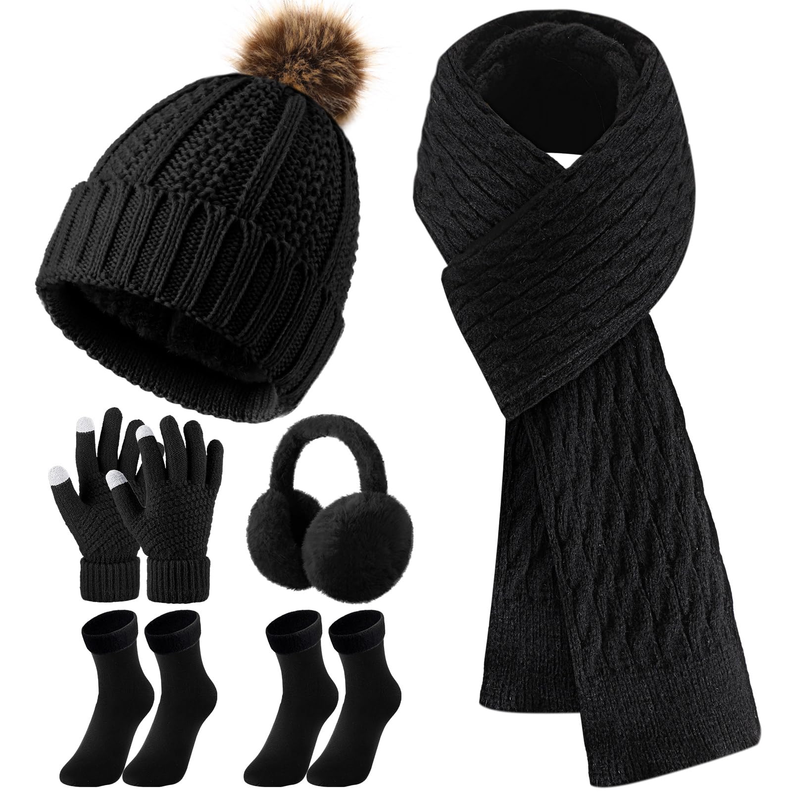 Geyoga 6 Pcs Winter Warm Set for Women Warm Beanies Hats Touchscreen Gloves Long Scarf Ear Muffs Socks Winter Gifts for Women