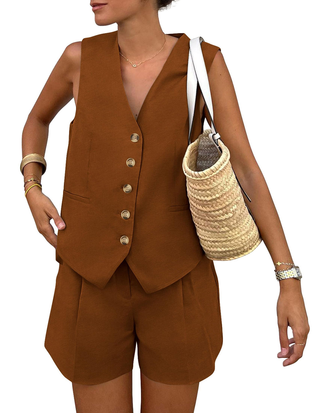 PRETTYGARDEN Women's Summer 2 Piece Outfits Sleeveless Matching Sets Button Down V Neck Vest Waistcoat and Pockets Shorts