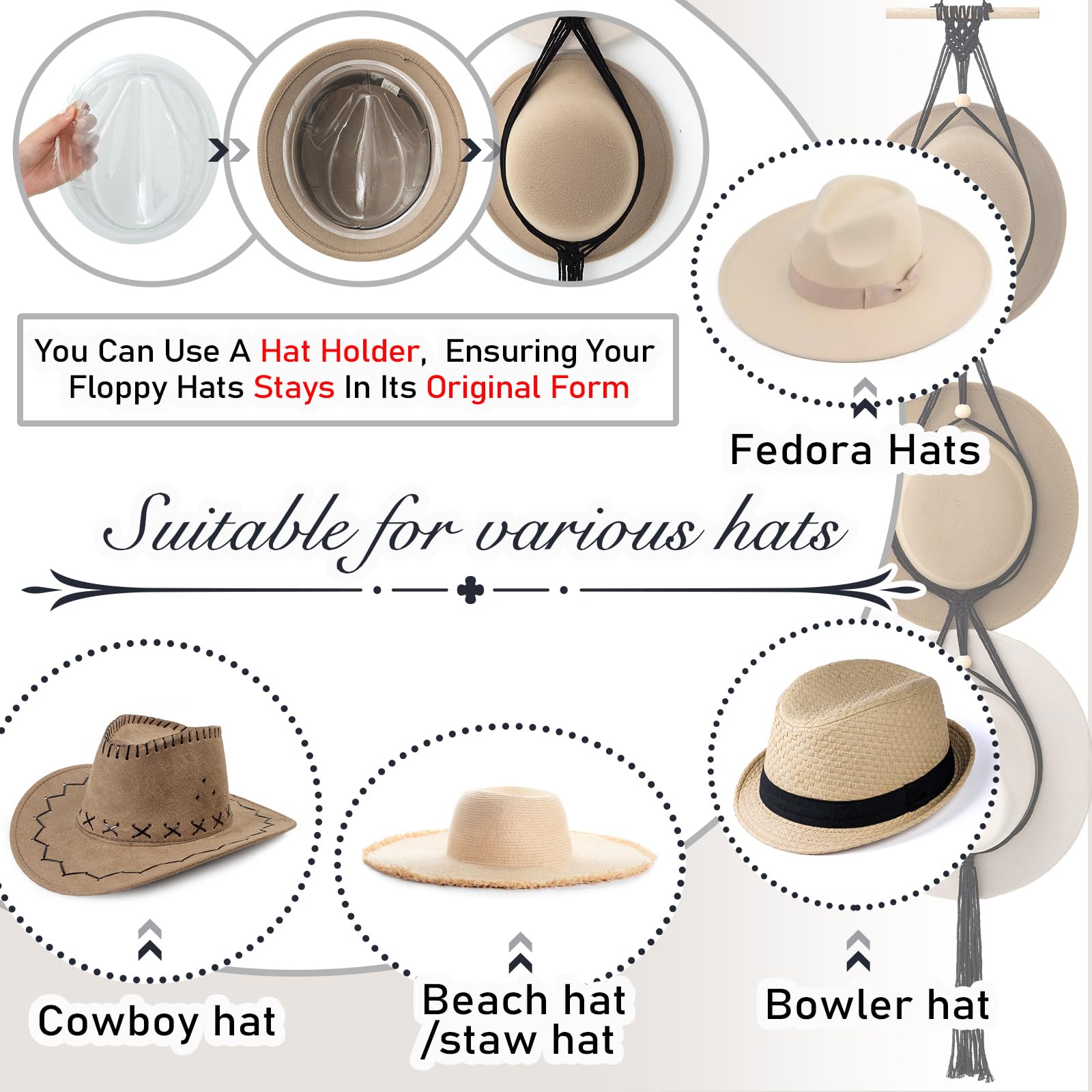 Yulejo Macrame Hat Hangers Boho Hat Rack for Wall Western Cowboy Hanging Organizer for Door Wall Room Bedroom