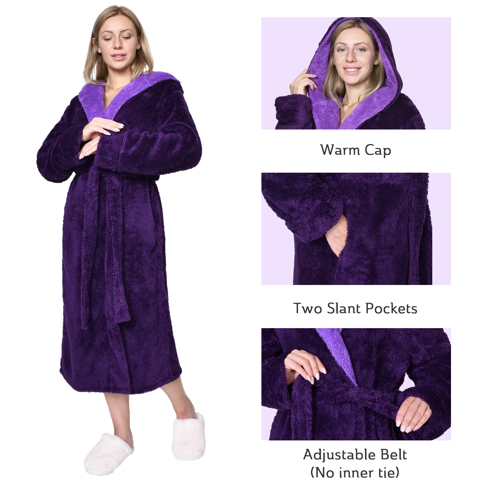 Hellomamma Long Hooded Robe for Women Luxurious Flannel Fleece Full Length Bathrobe Winter Warm Pajamas Shower Nightgown