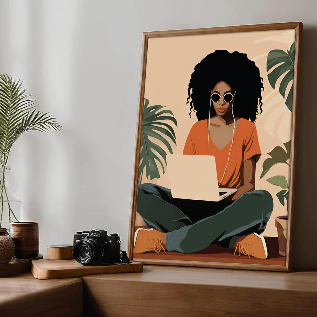 Framed Black Girl Wall Art Set of 3, Black Woman with Floral Pictures Wall Decor Paintings, Fashion African American Female Canvas Prints Home Decor for Living Room Bedroom Office 16x24 inch