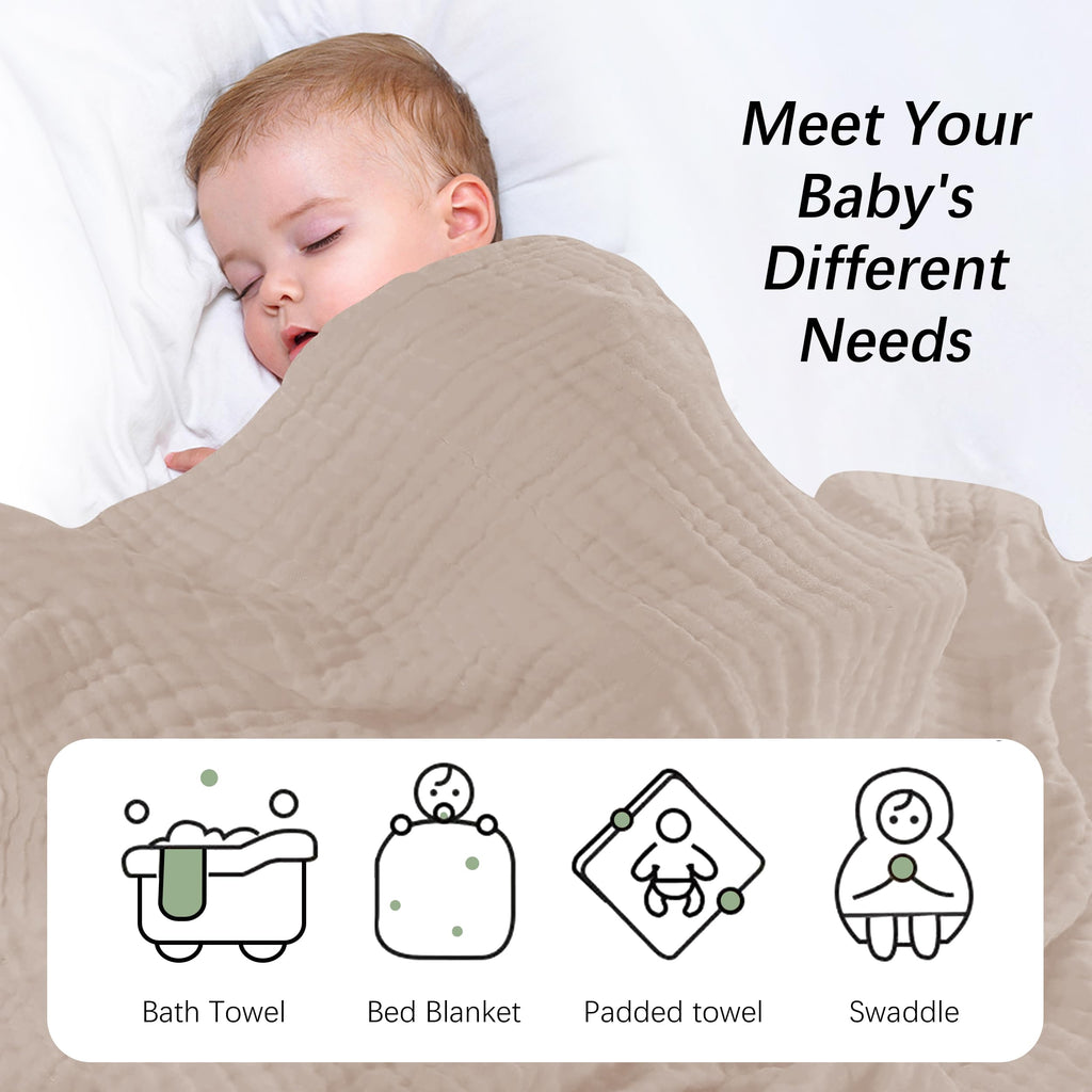 SWEET DOLPHIN Muslin Hooded Baby Bath Towels - 2 Pack 100% Cotton Towel for Babies, Infants, Toddlers - 32x32Inch - Highly Absorbent and Newborn Essential, Light Bean Paste