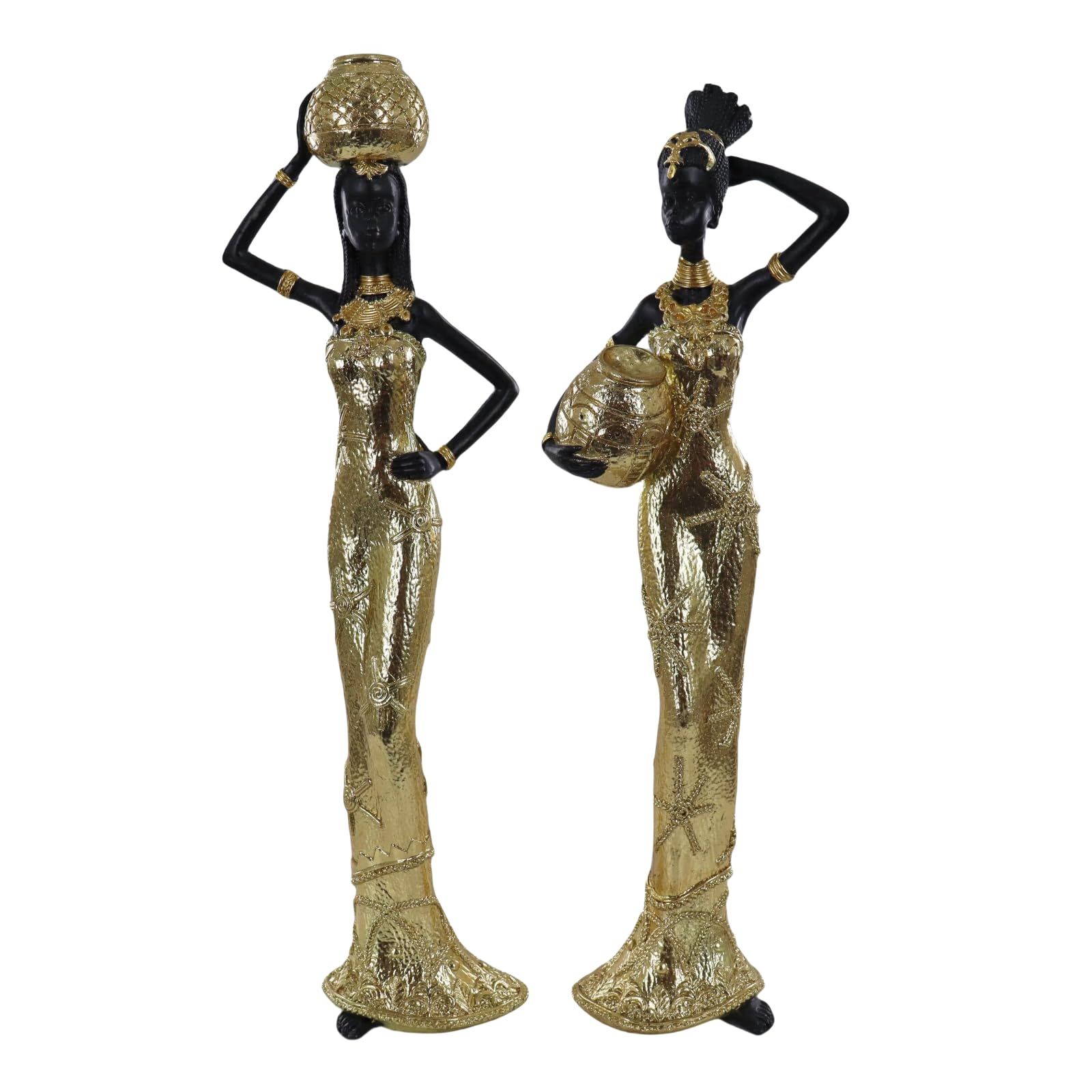 Set of 3 Resin African Woman Statues – Elegant Tribal Figurines in Gold Dresses, Afrocentric Home Decor Sculptures for Living Room, Bookshelf, Gift