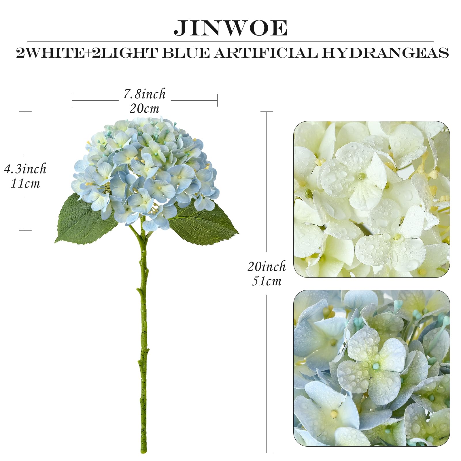 Light Blue Hydrangea Artificial Flowers,4Pcs 20" Real Touch Lifelike Silk Artificial Hydrangeas, Full Fake Flowers for Bouquet Table Centerpieces Spring Wedding Indoor Home