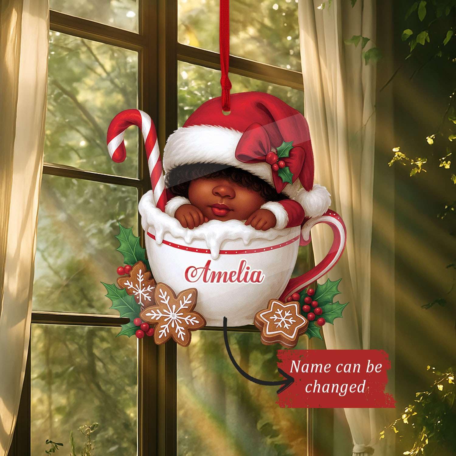 2D Acrylic Christmas Elf Shaped Ornament with Gift Box, Personalized Name Holiday Keepsake, Cute Ornament for Kids Room, Custom Name African-Inspired Decoration, Gifts for Boys