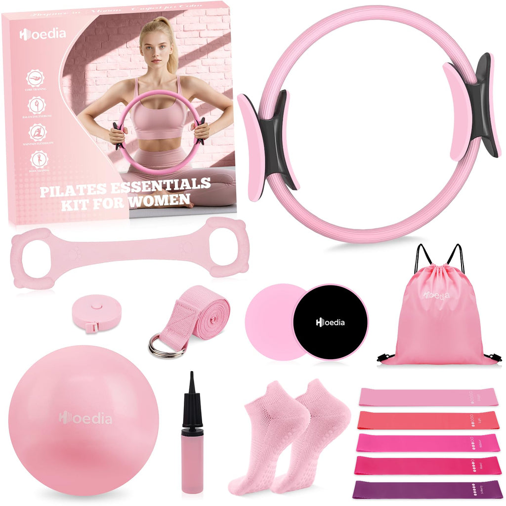 Hoedia 17 PCS Pilates Kit for Women, Pilates Equipment Ring and Ball Set with Resistance Bands, Yoga Strap, Core Sliders, Socks, Bag & Guide for Starter Home Workout Fitness Gym Essentials
