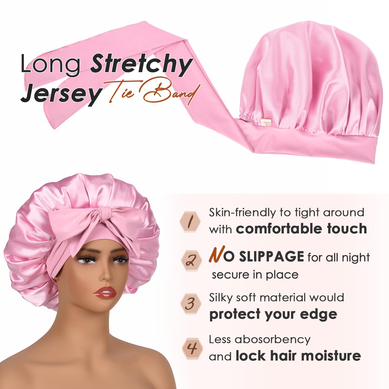 YANIBEST Silk Bonnet for Sleeping Women Satin Bonnet Double Layer Satin Lined Hair Bonnet with Tie Band Curly Hair Blush Pink