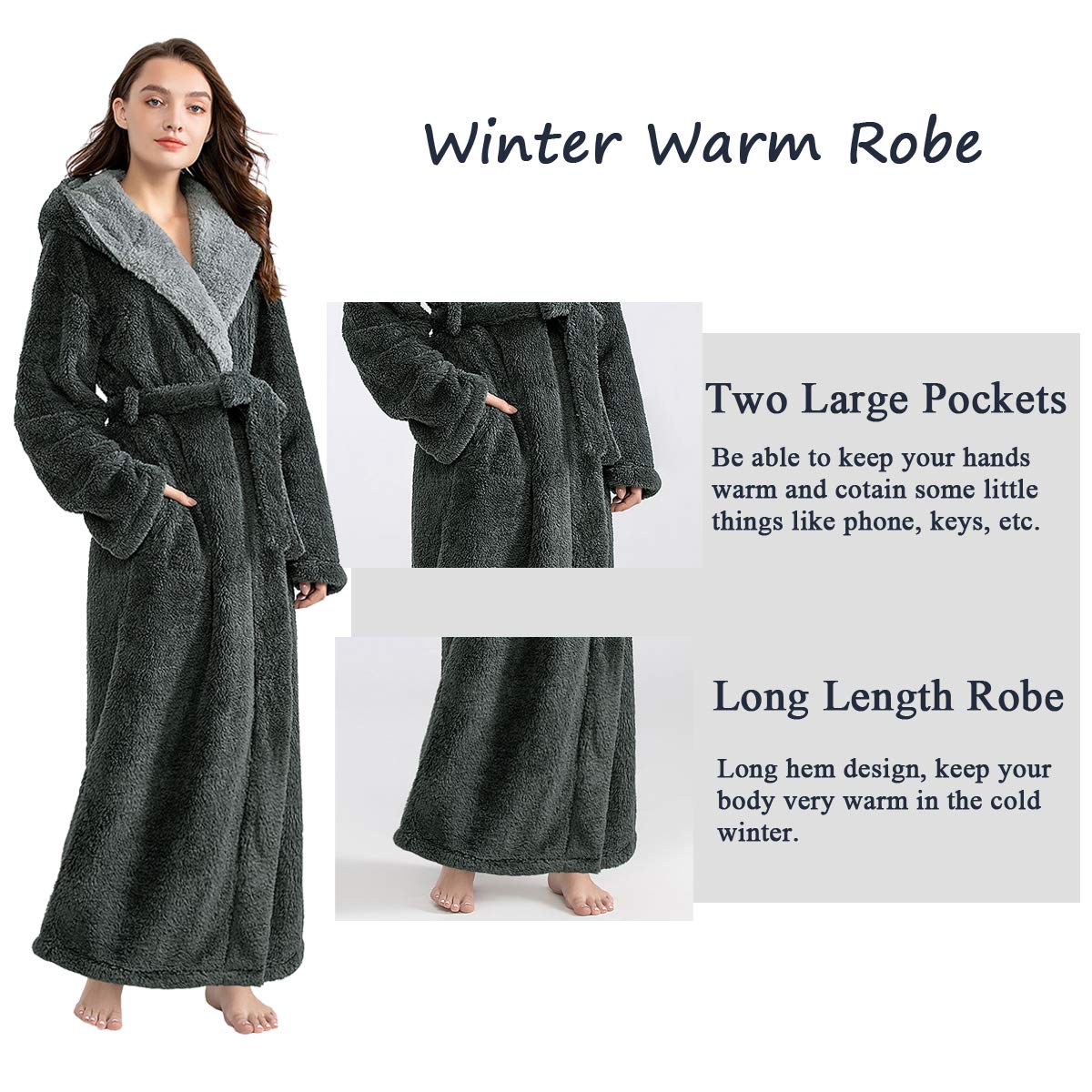 Hellomamma Long Hooded Robe for Women Luxurious Flannel Fleece Full Length Bathrobe Winter Warm Pajamas Shower Nightgown