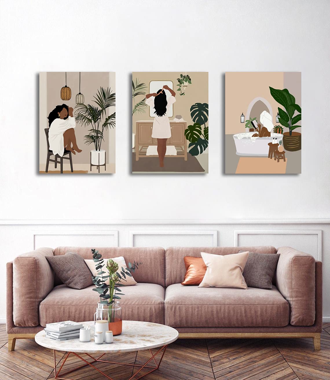 Framed Abstract African American Black Woman Canvas Wall Art, Boho Fashion Flower Art print, Black Women Bedroom Home Decor, Black Girl Poster