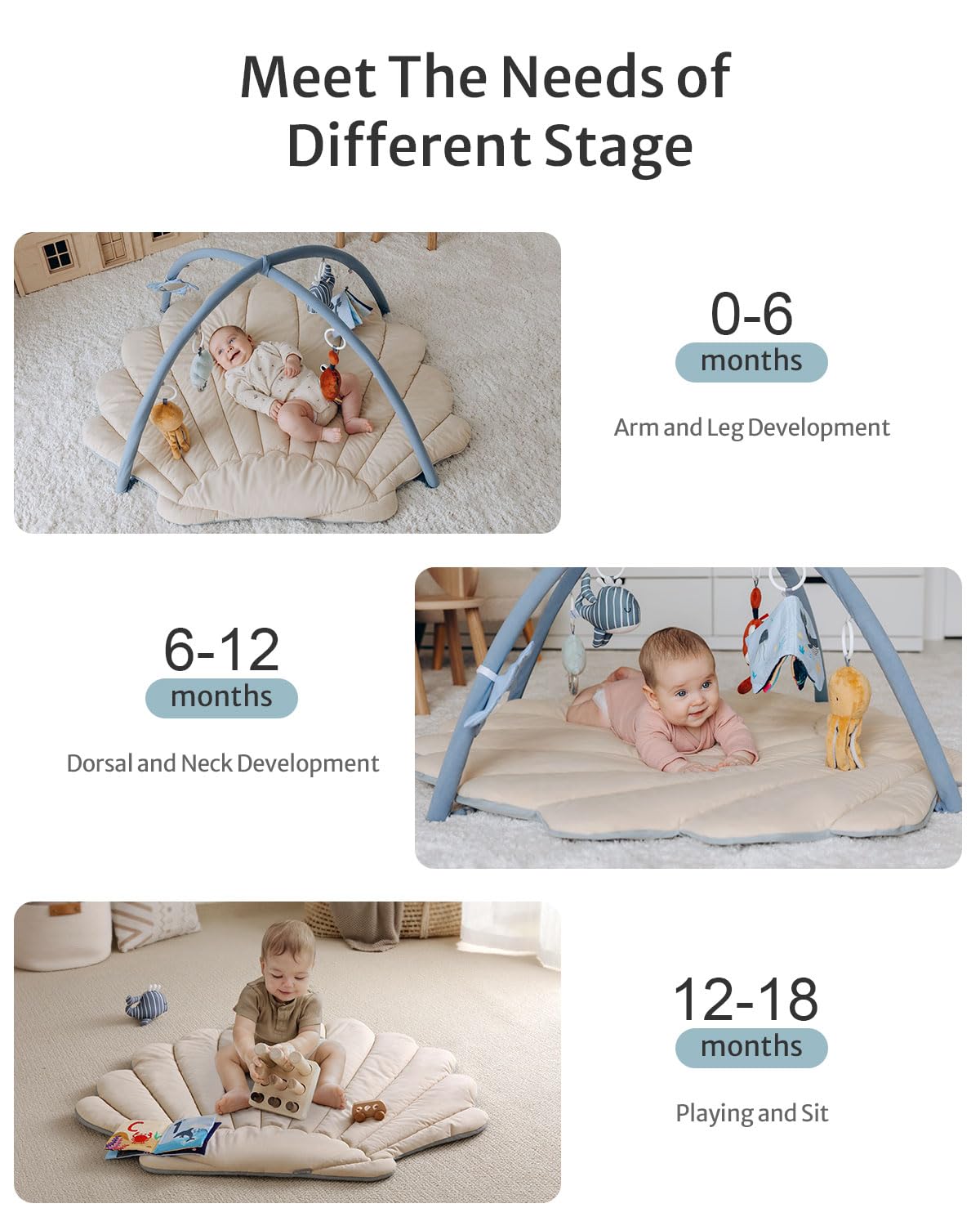 Blissful Diary Baby Play Gym & Activity Mat, Oversize Leaf Shaped Baby Play Mat w 6 Detachable Toys, Tummy Time Mat Promote Motor Skills & Sensory Development Mat, Newborn Infant Baby Essentials Gift
