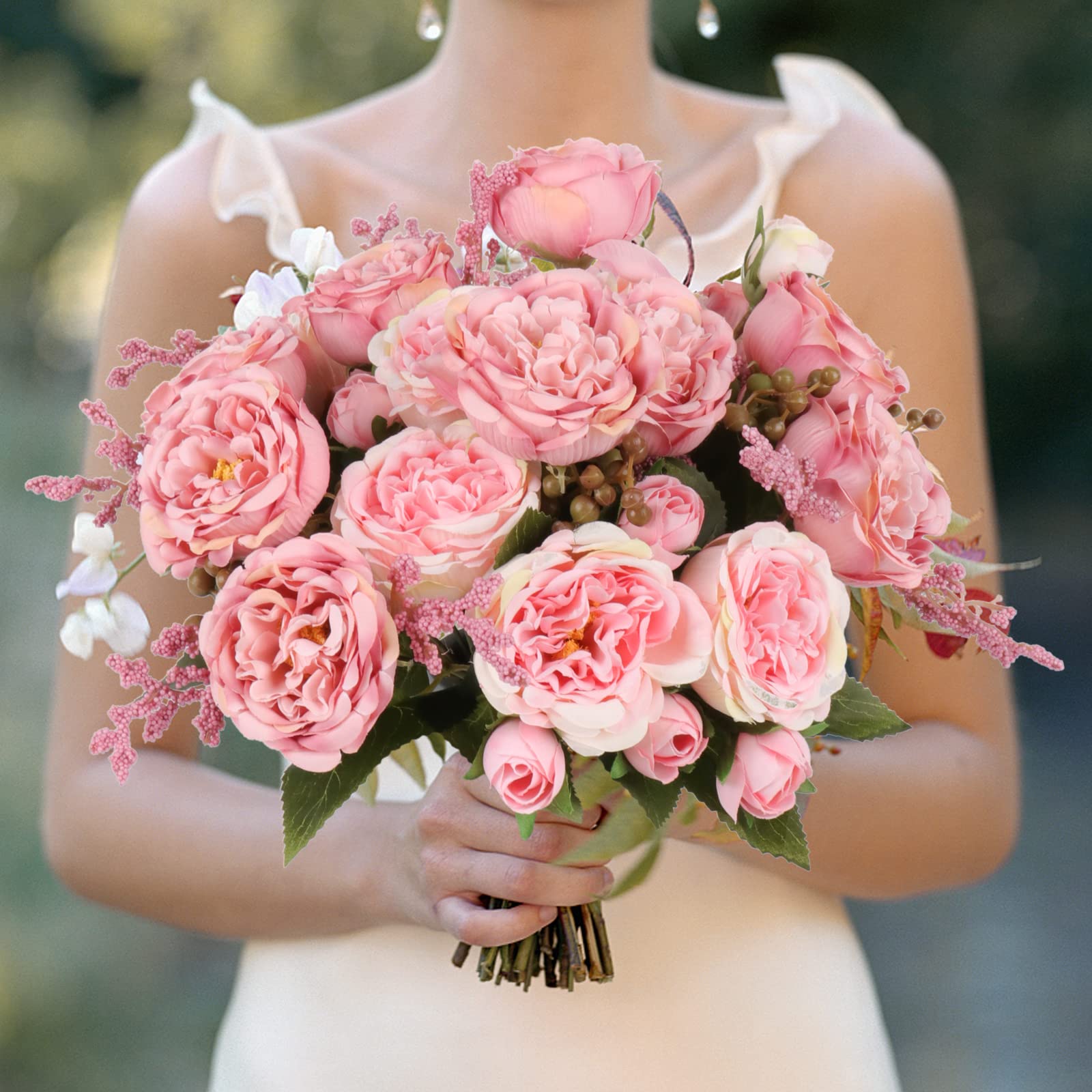 4 Bundles Artificial Peonies Silk Flowers, White Faux Peony Bouquet Florals Arrangements Decor for Farmhouse Home Boho Wedding Table Centerpiece, Fake Plastic Flowers Bulk Vase Decoration (White)