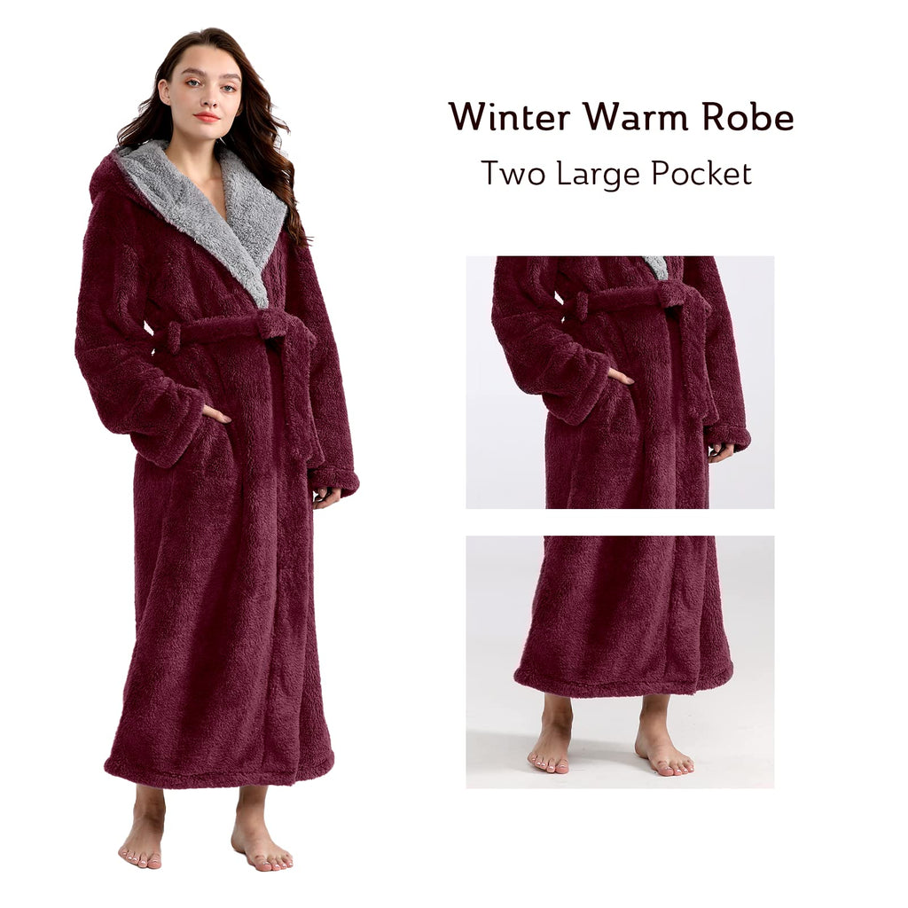 Hellomamma Long Hooded Robe for Women Luxurious Flannel Fleece Full Length Bathrobe Winter Warm Pajamas Shower Nightgown