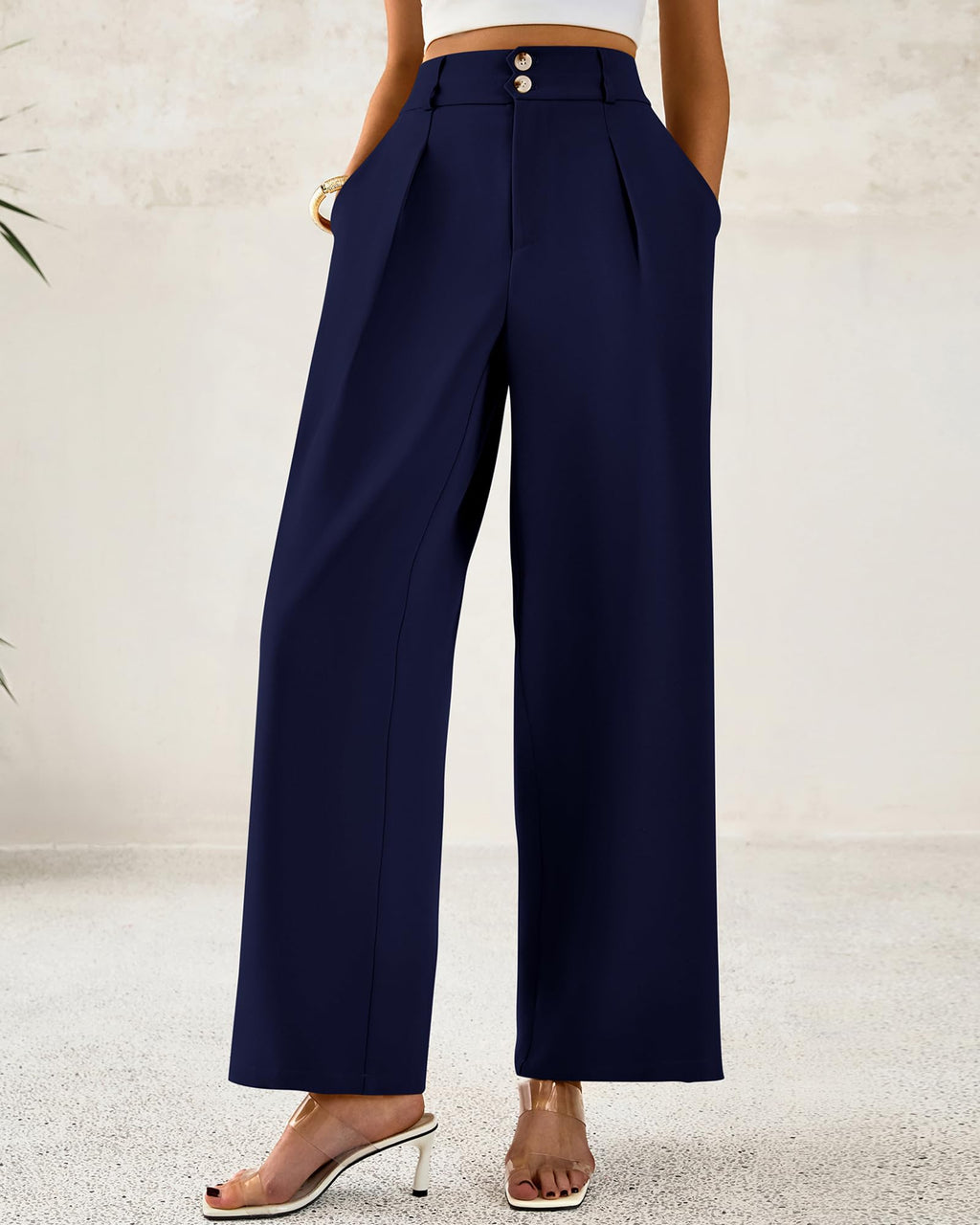 BTFBM Women Wide Leg Dress Pants 2025 High Waisted Button Pleated Business Casual Trousers Office Work Palazzo Pants