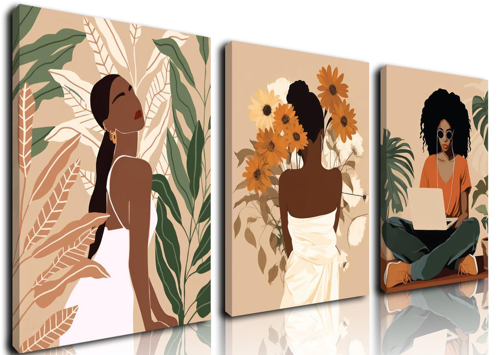 Framed Black Girl Wall Art Set of 3, Black Woman with Floral Pictures Wall Decor Paintings, Fashion African American Female Canvas Prints Home Decor for Living Room Bedroom Office 16x24 inch