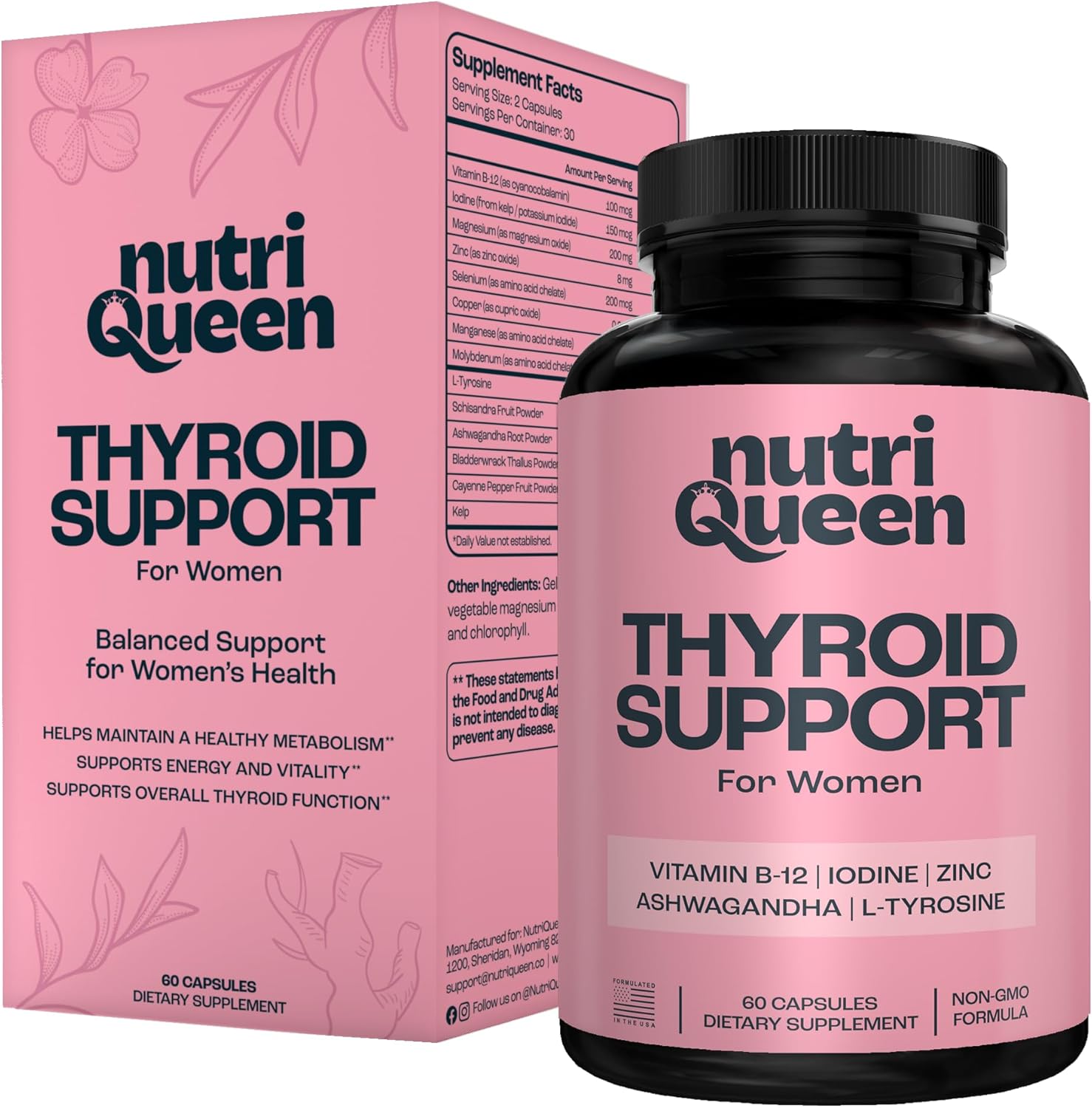 Thyroid Support for Women, Female Vitamin Supplement with Ashwagandha, Zinc, Kelp & Iodine, Women's Health Supplements for Energy & Hormone Balance, Contains Vitamins B-12-60 Capsules