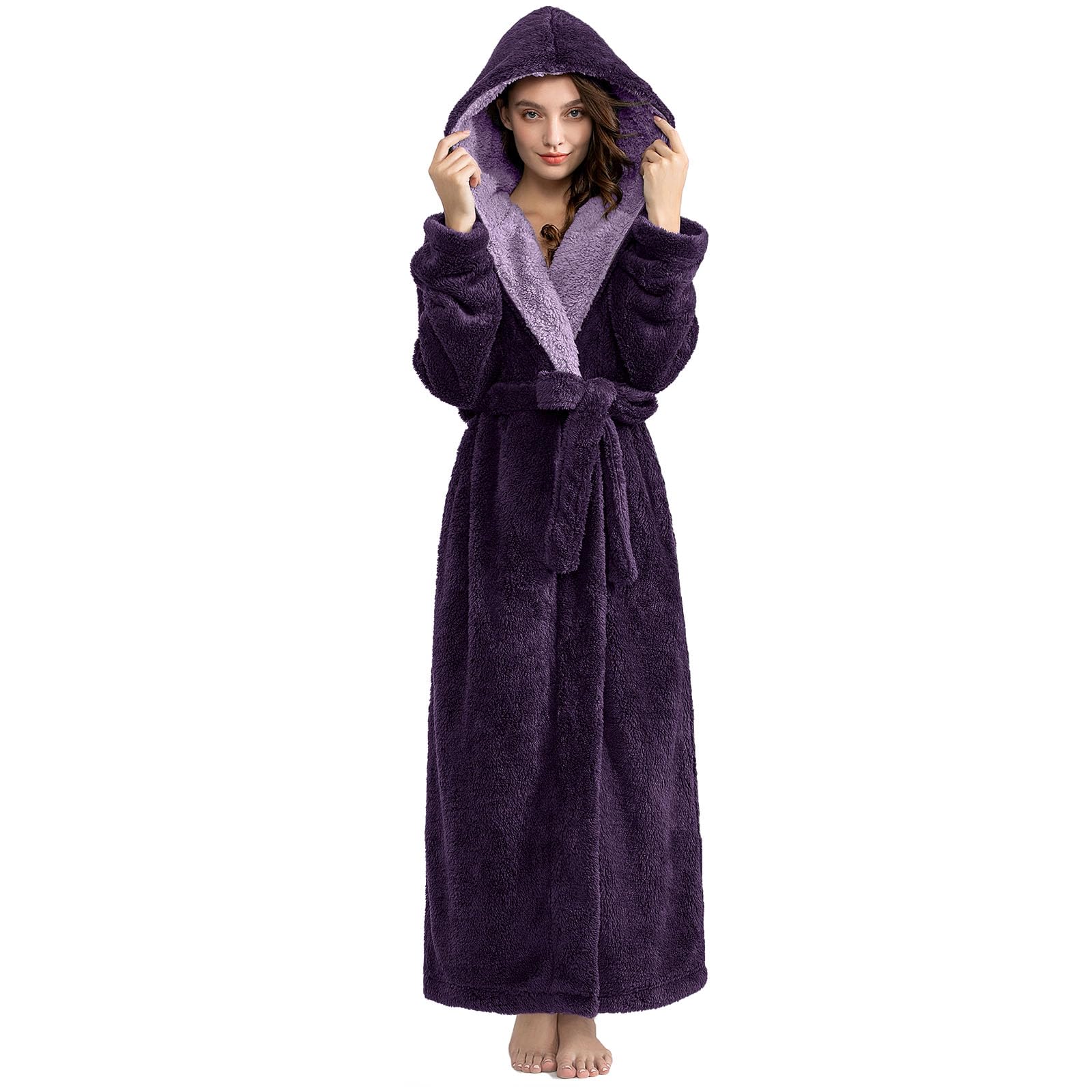Hellomamma Long Hooded Robe for Women Luxurious Flannel Fleece Full Length Bathrobe Winter Warm Pajamas Shower Nightgown