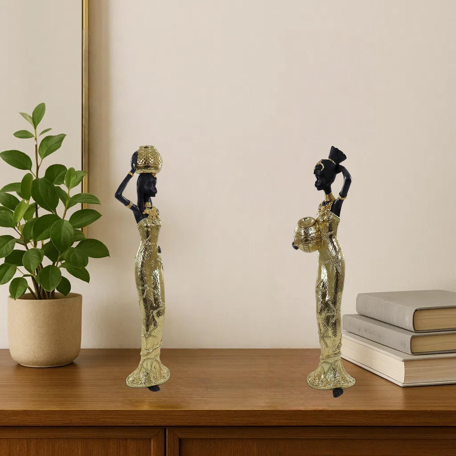 Set of 3 Resin African Woman Statues – Elegant Tribal Figurines in Gold Dresses, Afrocentric Home Decor Sculptures for Living Room, Bookshelf, Gift