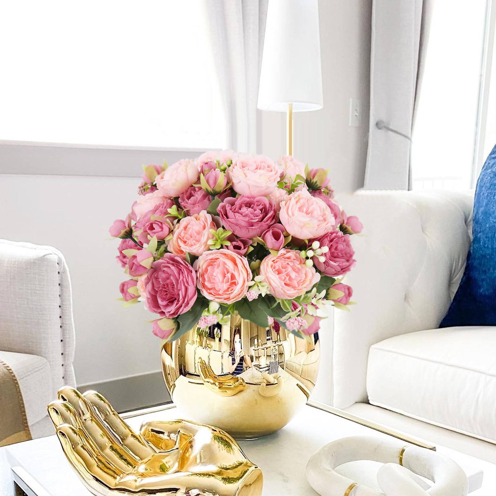 4 Bundles Artificial Peonies Silk Flowers, White Faux Peony Bouquet Florals Arrangements Decor for Farmhouse Home Boho Wedding Table Centerpiece, Fake Plastic Flowers Bulk Vase Decoration (White)